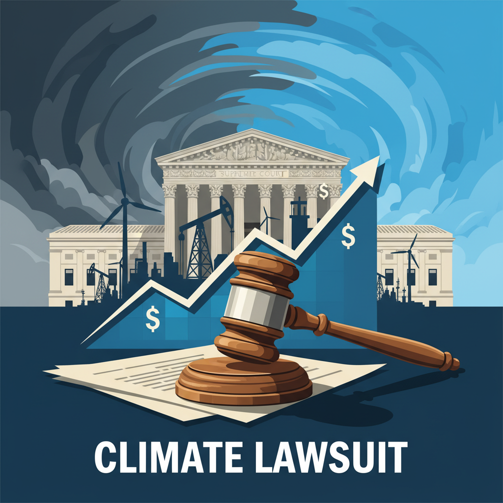 A gavel resting on legal documents, with a rising financial graph and the Supreme Court building in the background.