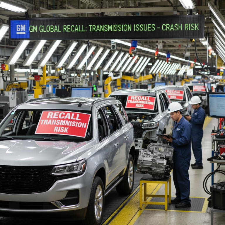 An assembly line with partially built SUVs and "RECALL TRANSMISSION RISK" signs, reflecting a GM recall.