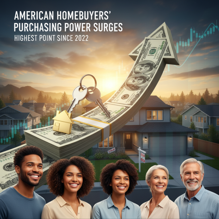 Diverse smiling people look up at an arrow of cash, house keys, and a golden house, with a "Sold" house and market graph in the background.