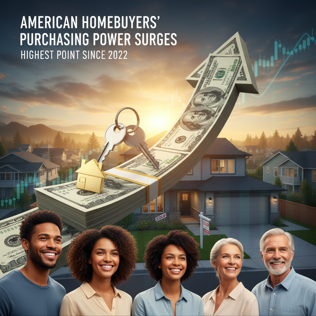 Diverse smiling people look up at an arrow of cash, house keys, and a golden house, with a "Sold" house and market graph in the background.