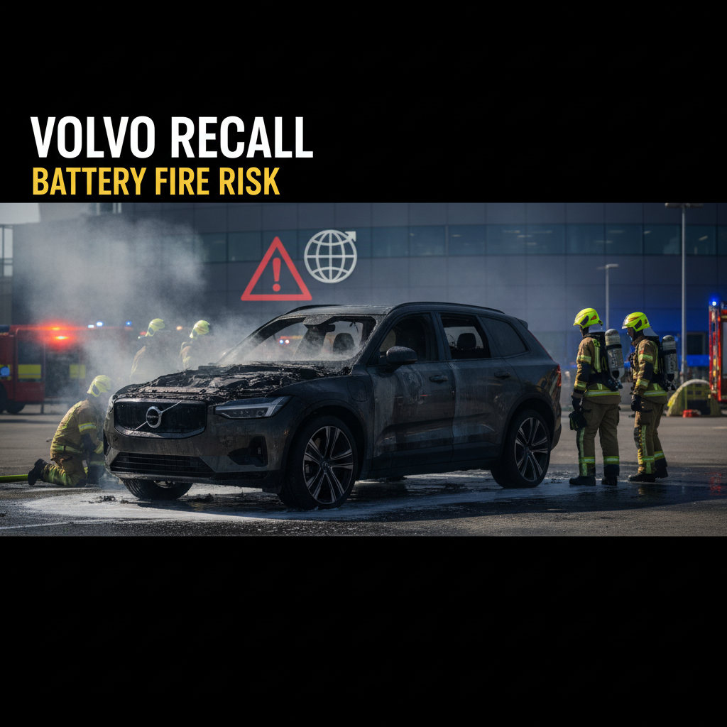 Firefighters extinguishing a burning Volvo electric SUV, illustrating a battery fire risk and global recall.