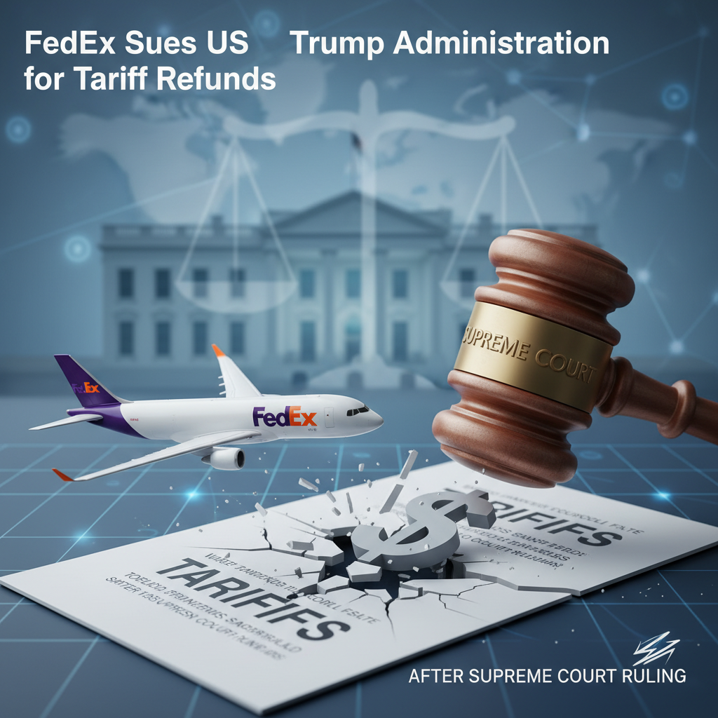 A FedEx plane, a gavel, and a document with a dollar sign amidst shattered pieces, representing a lawsuit.