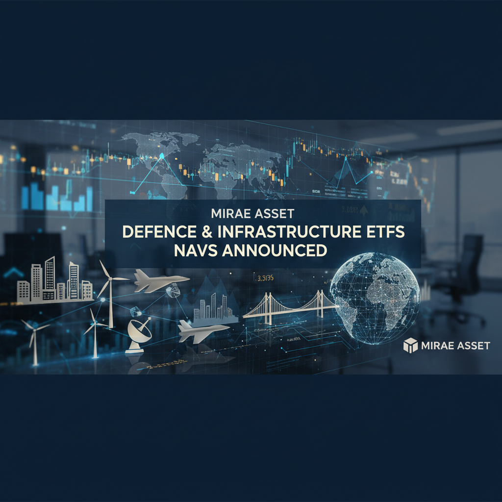 A professional, digital graphic showcasing financial market data, defence aircraft, infrastructure elements, and a global map.