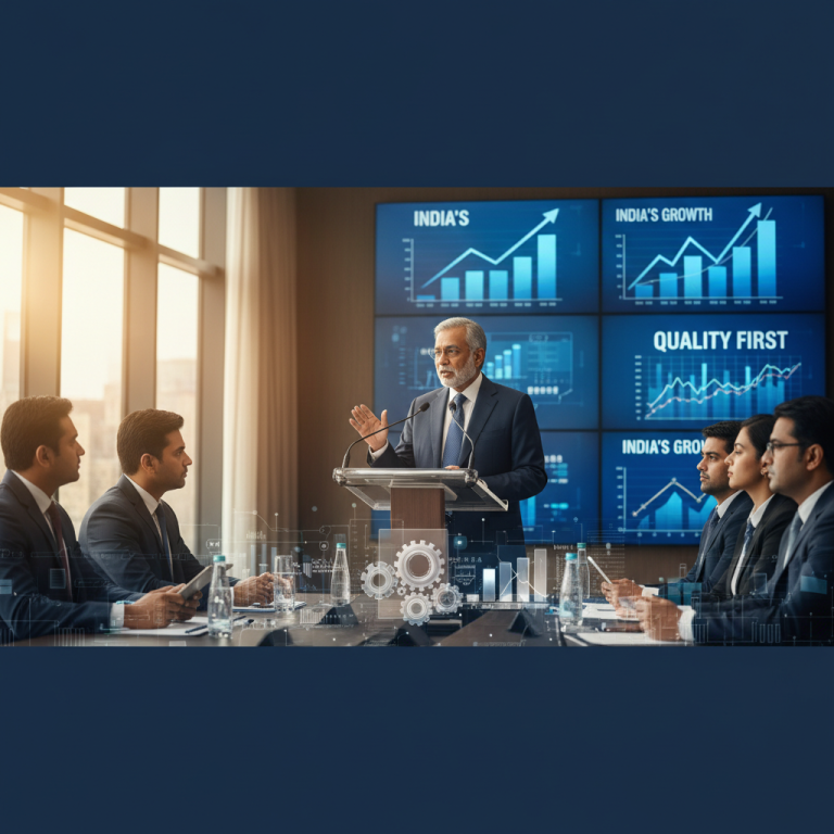 Piyush Goyal speaking at a conference, emphasizing quality for India's economic growth with charts in the background.