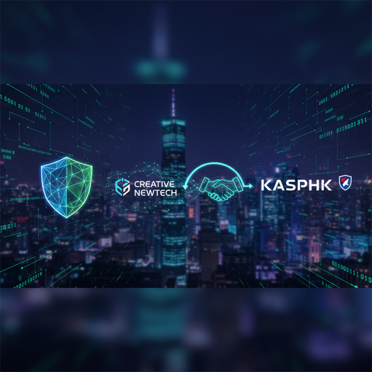 Digital handshake over a city skyline, symbolizing a cybersecurity partnership between Creative Newtech and Kaspersky.