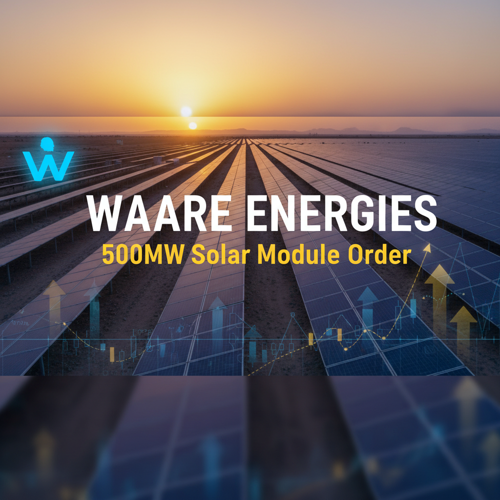 Solar farm at sunset with "WAAREE ENERGIES 500MW Solar Module Order" text, stock chart overlays and rising arrows.