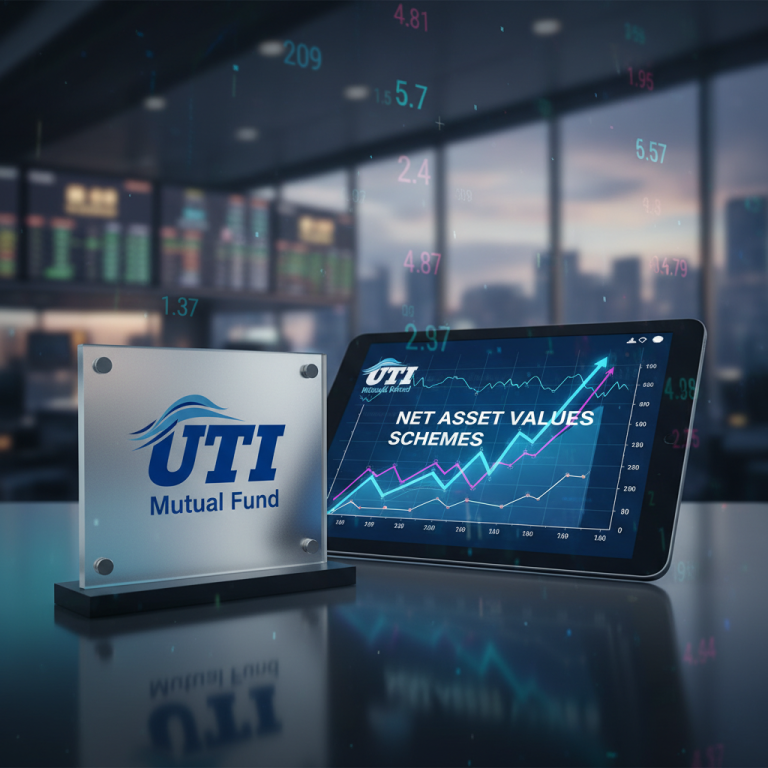 UTI Mutual Fund logo with a tablet showing "Net Asset Values Schemes" and a rising graph.