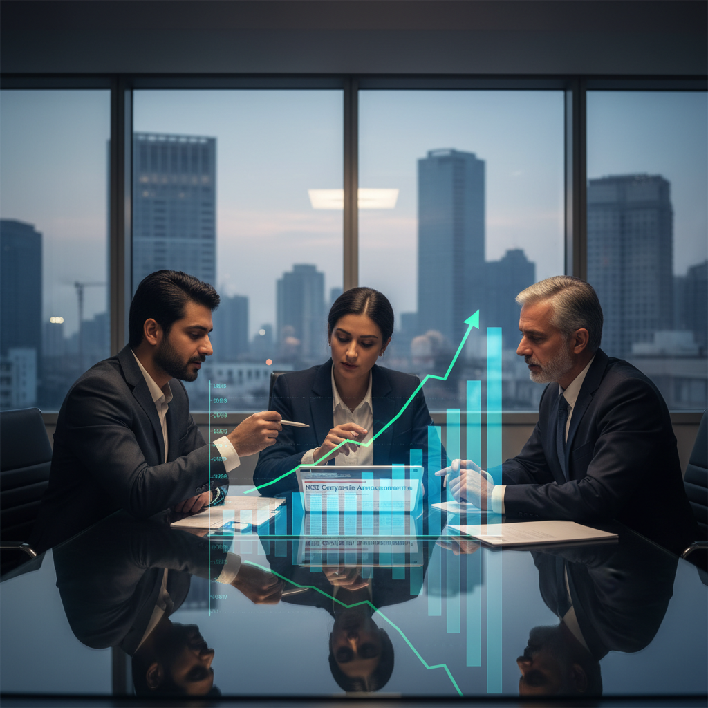 Three business professionals in suits review financial charts and a holographic rising graph in a modern office.