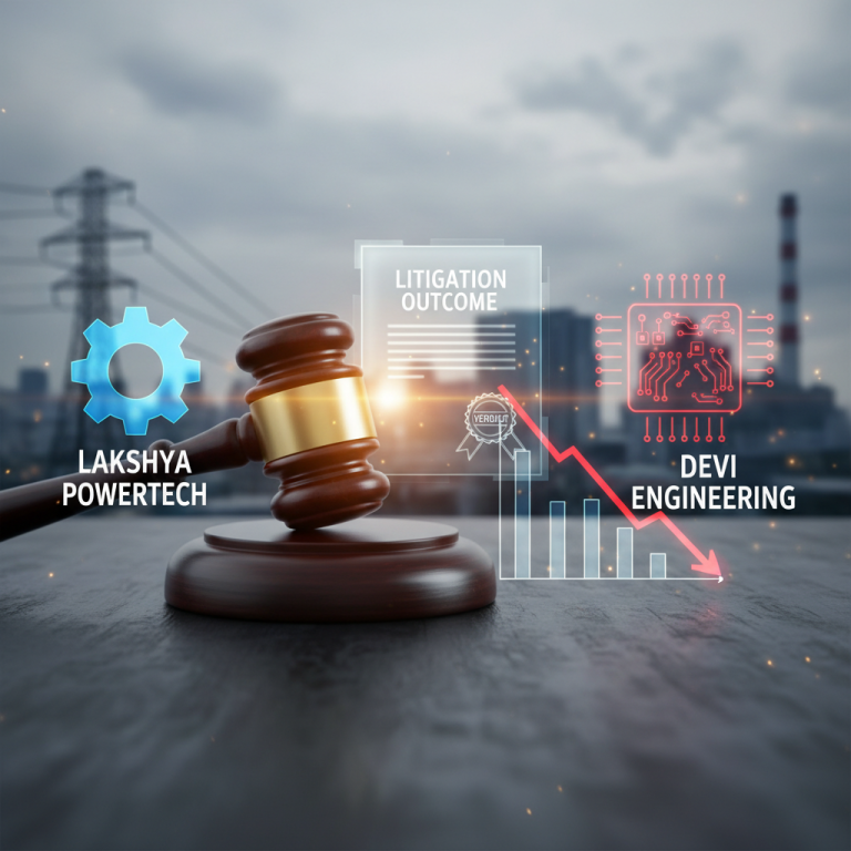 A gavel, legal document, and industrial backdrop represent a litigation outcome impacting two companies.