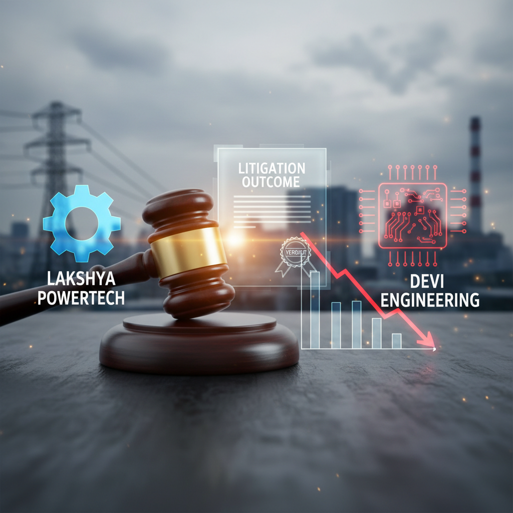 A gavel, legal document, and industrial backdrop represent a litigation outcome impacting two companies.