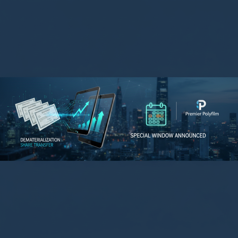 Digital representation of dematerialization, share transfer, and a calendar icon against a city background.