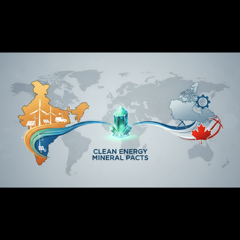 Stylized map showing India, Germany, and Canada connected by a glowing mineral, symbolizing clean energy agreements.