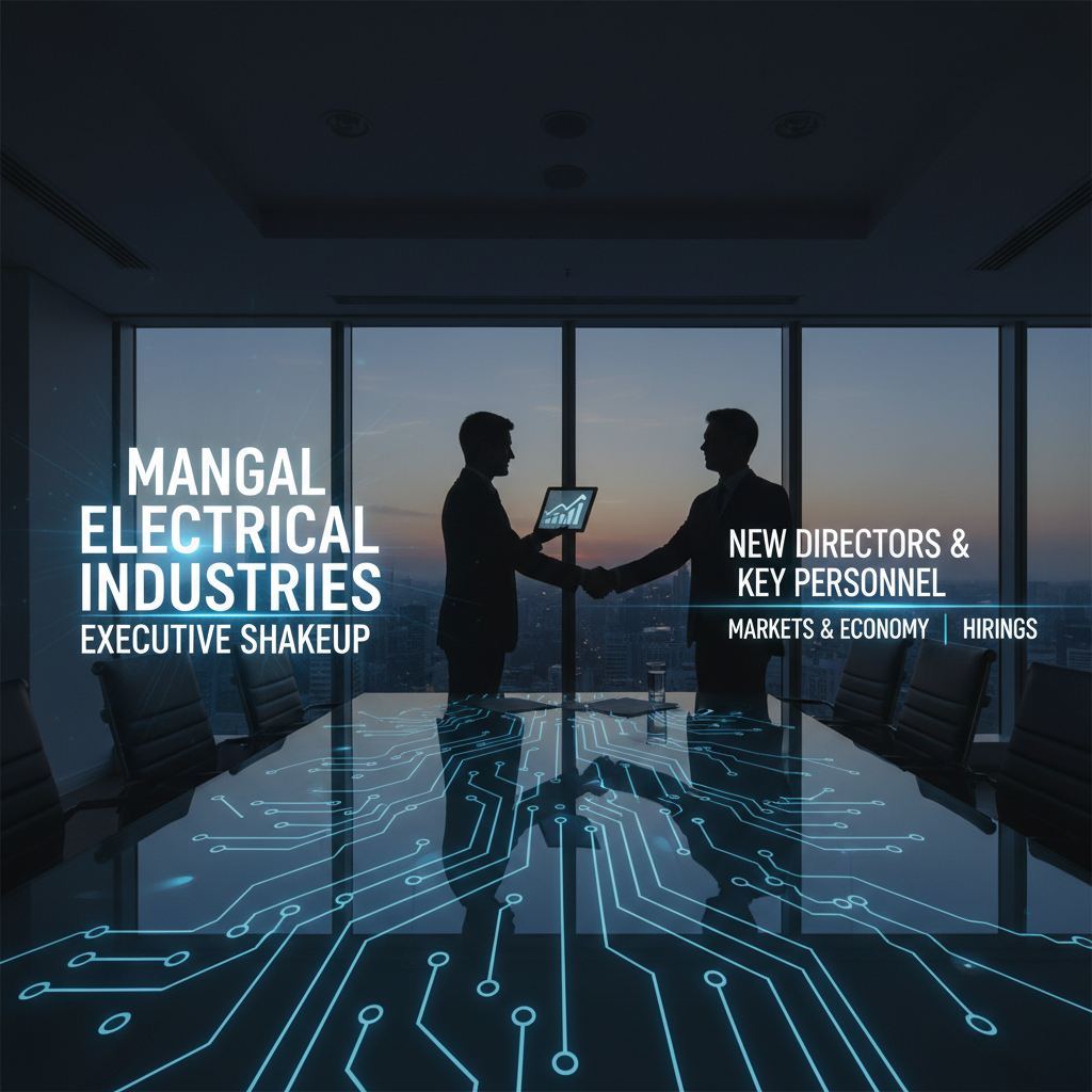 Two businessmen shaking hands in a modern boardroom with a cityscape backdrop and circuit board overlay.