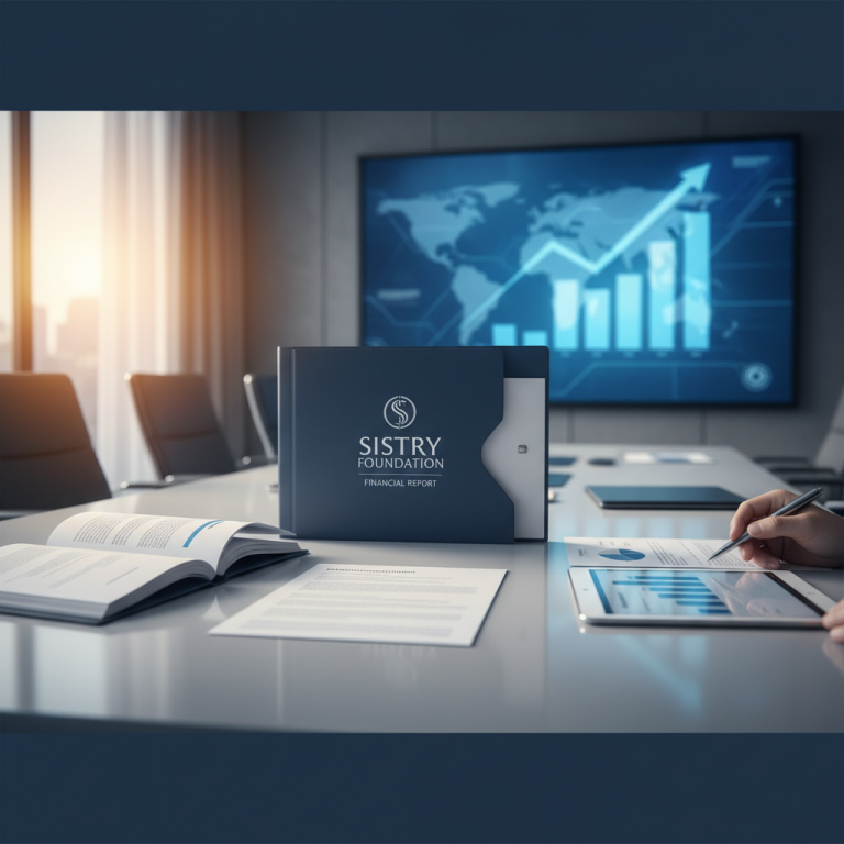 A Sistry Foundation financial report on a conference table with a hand analyzing data, a large screen shows a rising stock graph.