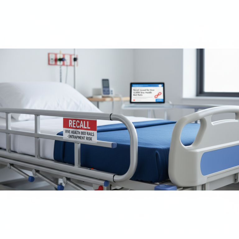 A hospital bed with a "RECALL" sign on the bed rail, signifying a product recall for safety reasons.