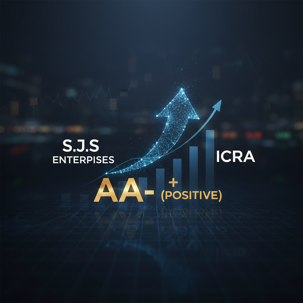A professional image illustrating a credit rating upgrade with a glowing upward arrow, bar graph, and text "SJS Enterprises AA- (Positive) ICRA".