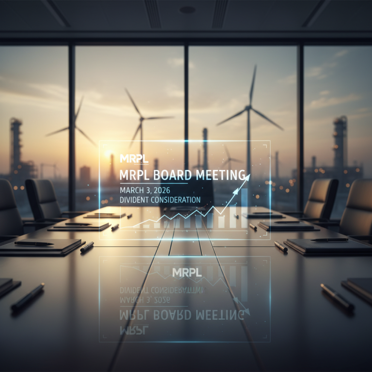 A modern boardroom with a holographic display showing "MRPL Board Meeting" and financial charts, with wind turbines and an industrial plant in the background at sunset.