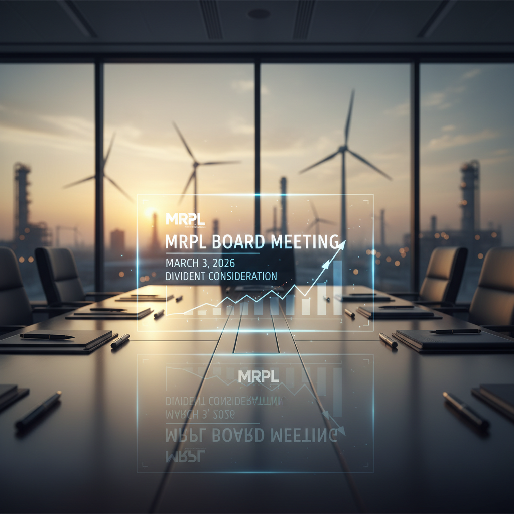 A modern boardroom with a holographic display showing "MRPL Board Meeting" and financial charts, with wind turbines and an industrial plant in the background at sunset.