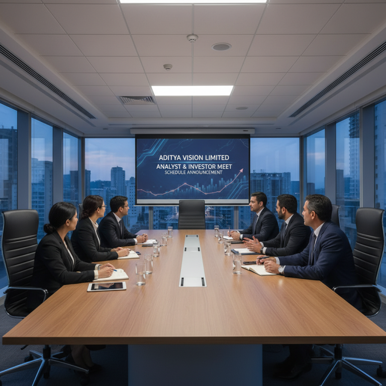 Business professionals in a modern boardroom with a cityscape view, focusing on a screen displaying "Aditya Vision Limited Analyst & Investor Meet"
