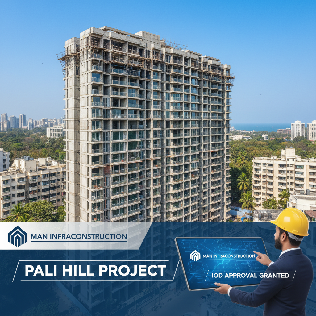 A modern building construction site with a professional reviewing digital plans on a tablet.