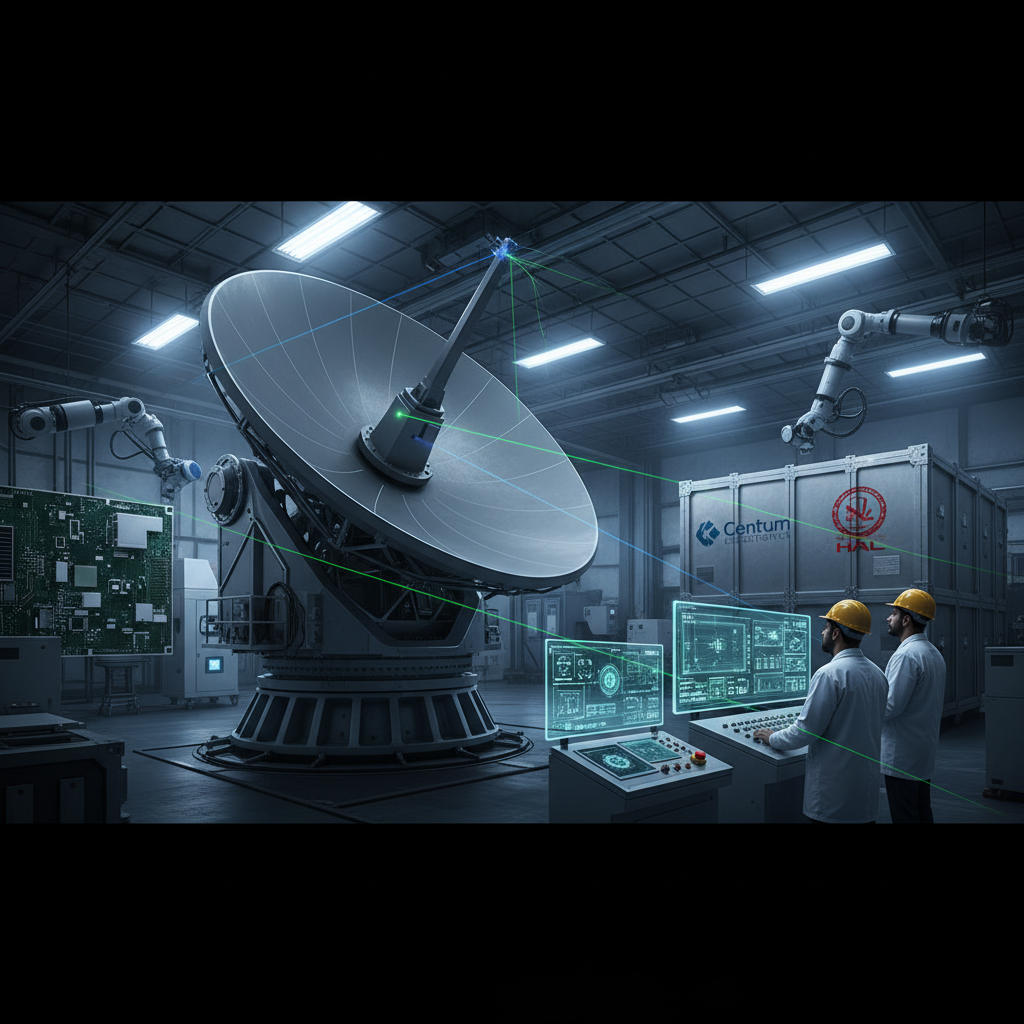 Engineers work on a large radar dish in a high-tech factory, showcasing advanced manufacturing and technology.