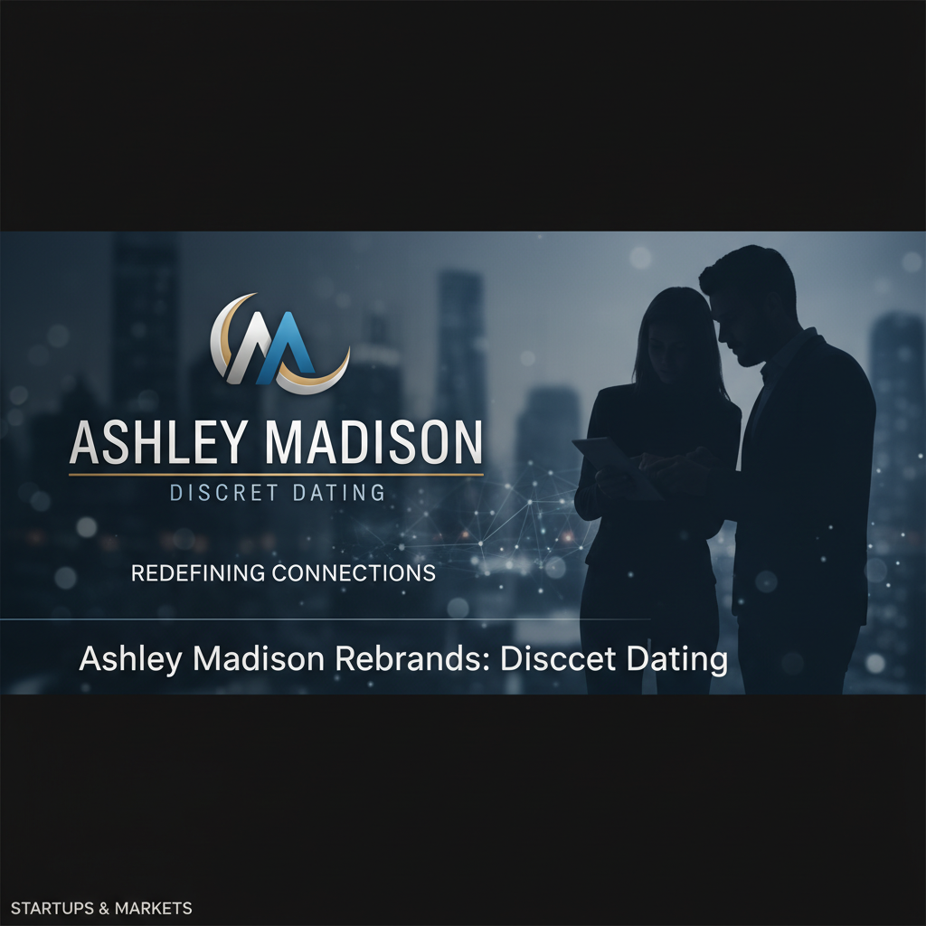 A professional banner image for Ashley Madison's rebranding to "Discreet Dating" with their logo and silhouettes of two people.