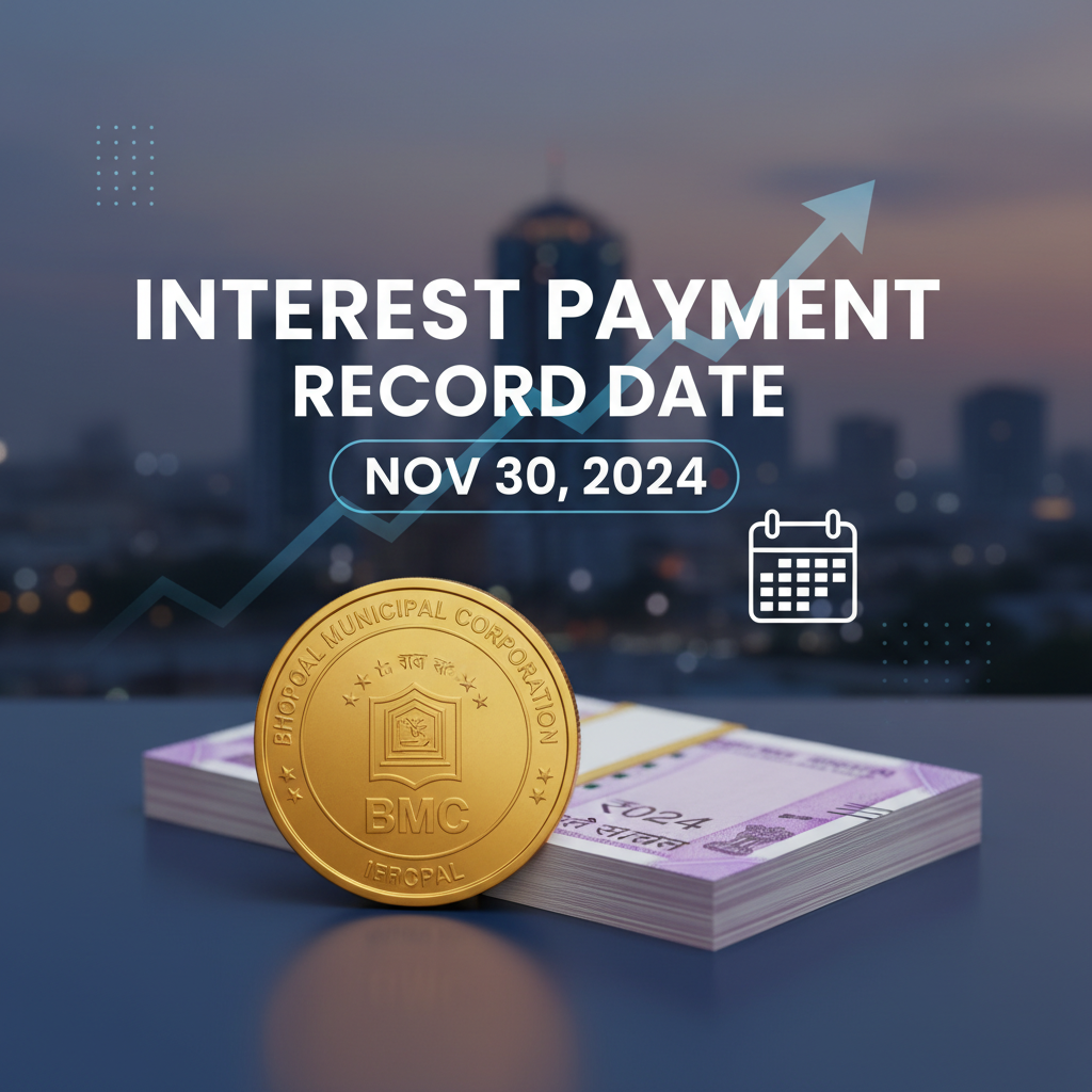 A gold coin with "Bhopal Municipal Corporation" text, currency notes, and a calendar icon against a city background.