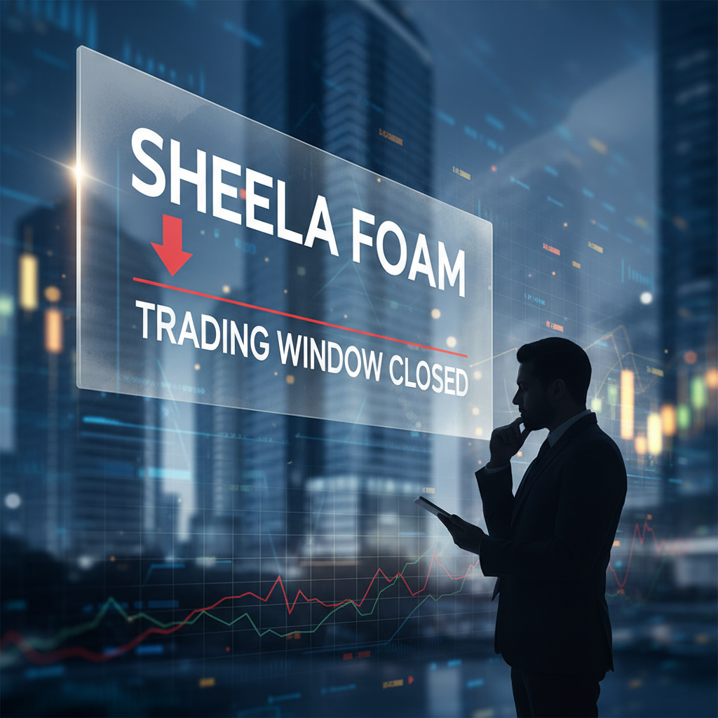 A professional image with "SHEELA FOAM TRADING WINDOW CLOSED" overlaying a city skyline and market charts.