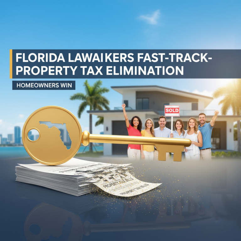 A golden key with Florida's outline on it, next to a stack of "Property Tax Bills" that are dissolving into golden dust.