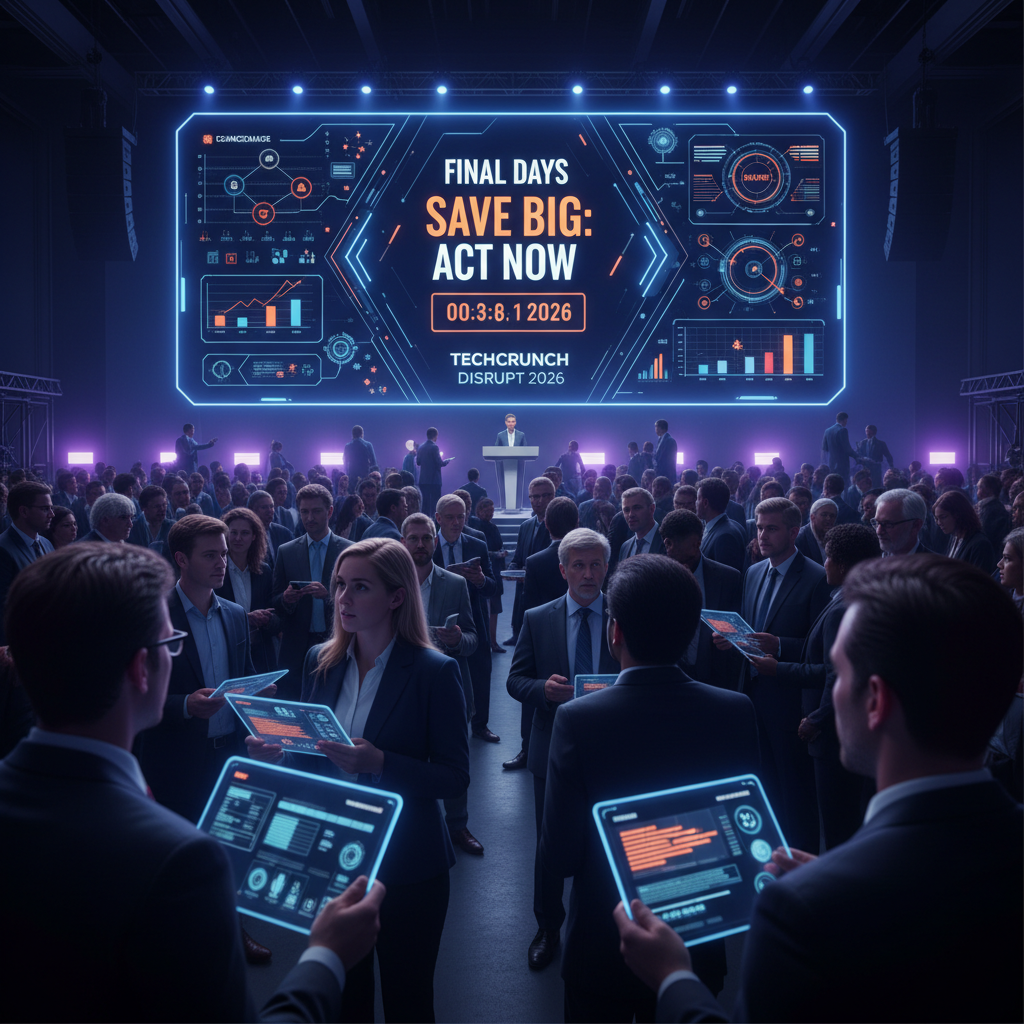 A professional image depicting a tech conference with a large screen displaying "Final Days Save Big: Act Now" and a countdown.