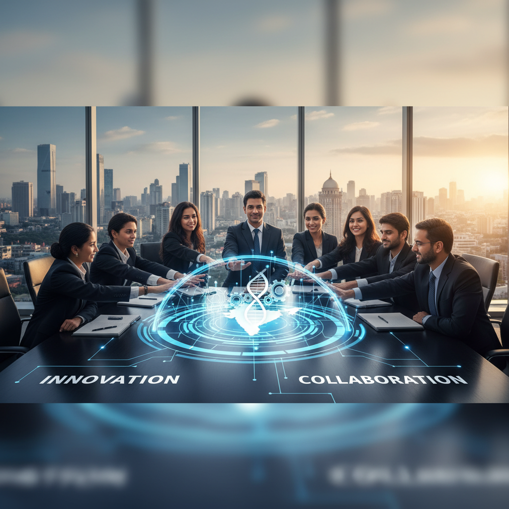 ** A group of Indian pharma leaders in a modern boardroom, collaborating around a holographic projection representing innovation.
