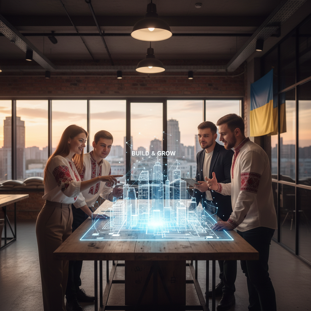 A group of Ukrainian professionals viewing a holographic city model, symbolizing innovation and growth amidst adversity.