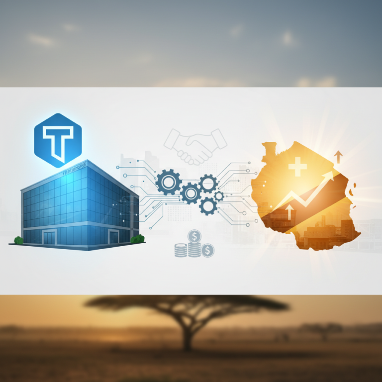 Illustration representing Thyrocare's acquisition and capital infusion in Tanzania, showing a building, gears, money, and a map of Tanzania.