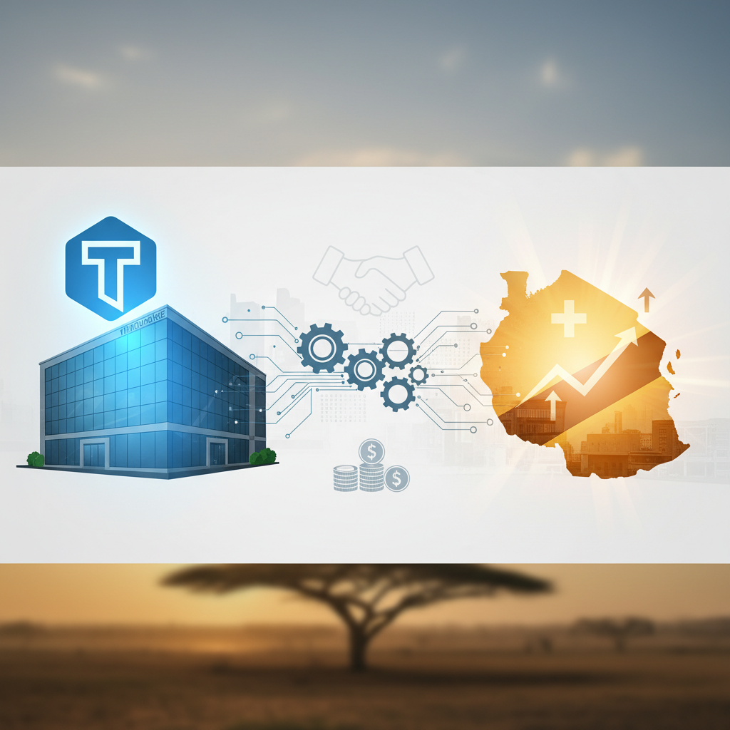 Illustration representing Thyrocare's acquisition and capital infusion in Tanzania, showing a building, gears, money, and a map of Tanzania.