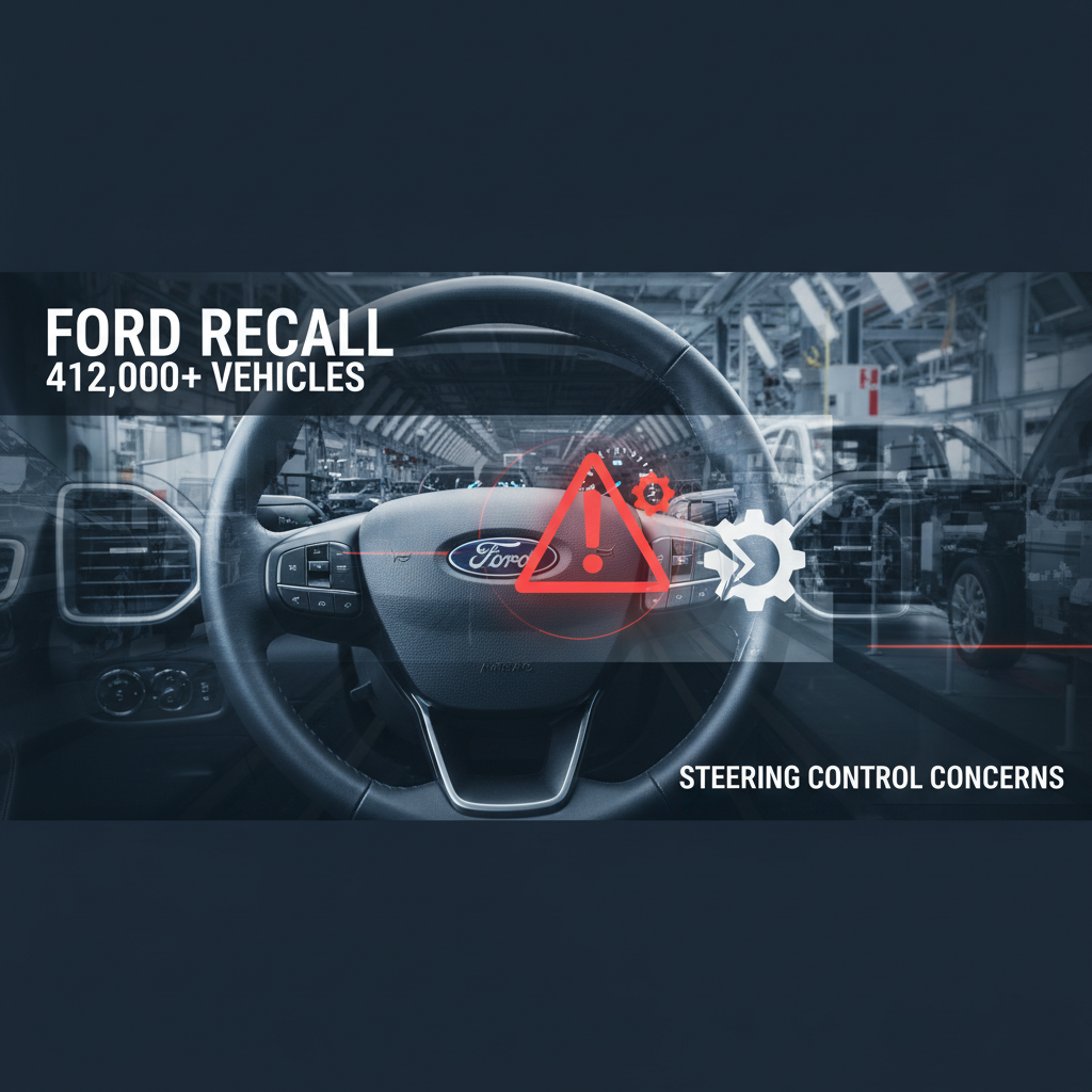 Ford steering wheel with a warning triangle overlay, showing a vehicle assembly line in the background.