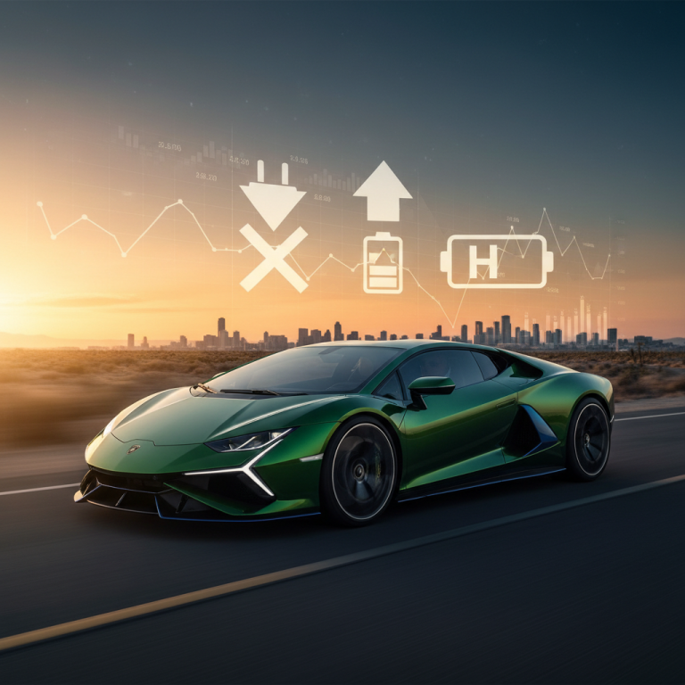 A green Lamborghini sports car on a road at sunset, with abstract financial and hybrid energy icons overlaid.