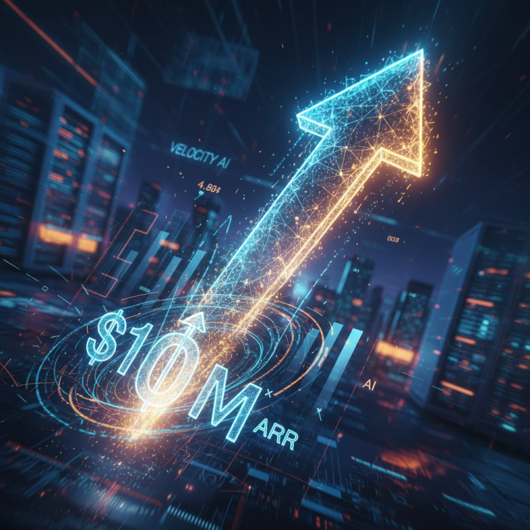 A glowing arrow points skyward over "10M ARR" with a data center backdrop, symbolizing rapid AI growth.