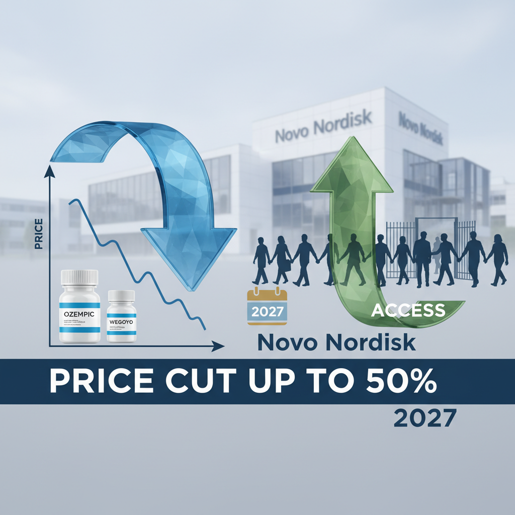 A visual metaphor showing reduced drug prices and increased patient access to Novo Nordisk's Ozempic and Wegovy from 2027.