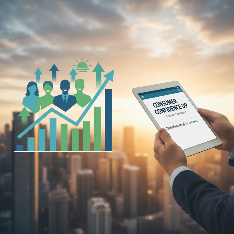 A professional image depicting rising consumer confidence with upward arrows, people icons, and a tablet displaying "Consumer Confidence Up."