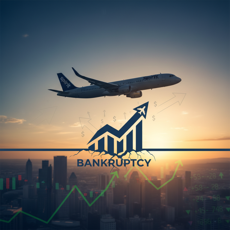 Spirit Airlines plane flying over a rising bar graph, symbolizing exit from bankruptcy and financial growth.