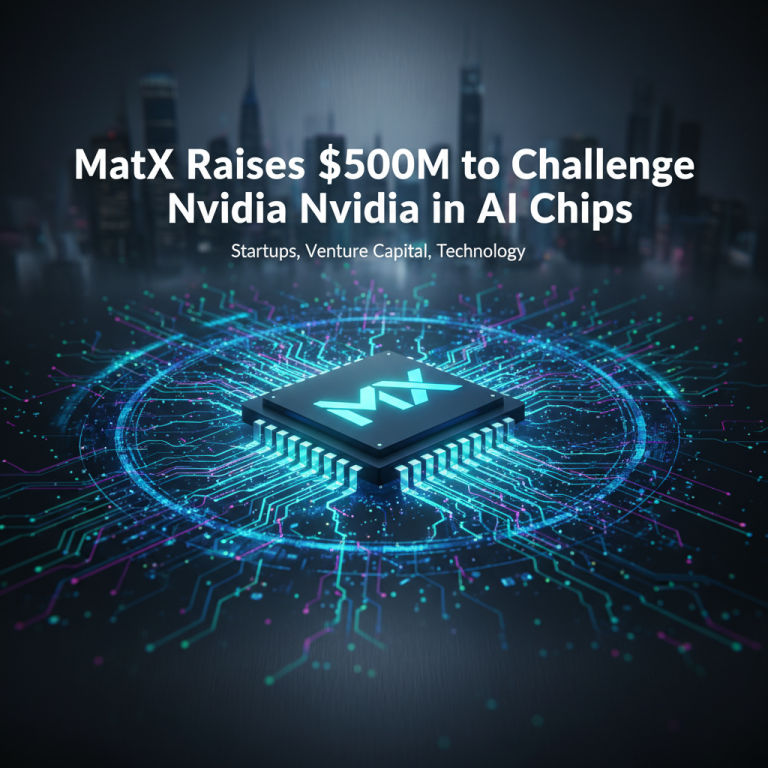 A glowing AI chip with "MX" logo at the center of a circular circuit board, cityscape in background.