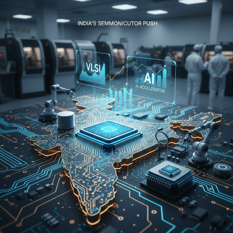 A detailed circuit board in the shape of India with microchips, data visualizations for VLSI and AI, and blurred factory workers.