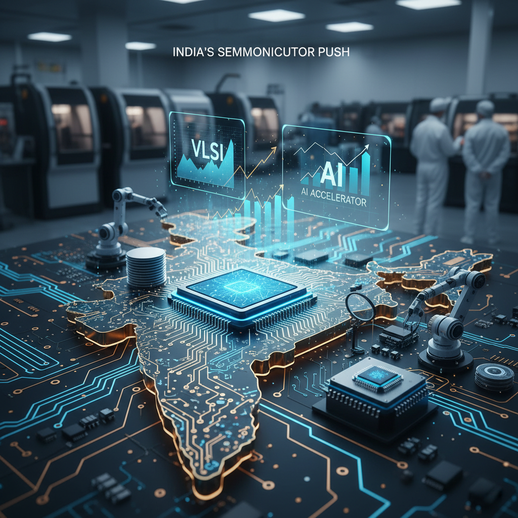 A detailed circuit board in the shape of India with microchips, data visualizations for VLSI and AI, and blurred factory workers.