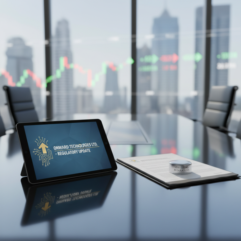 Tablet with "Onward Technologies Ltd. - Regulatory Update" logo, SEBI (LODR) Regulations document on a conference table.
