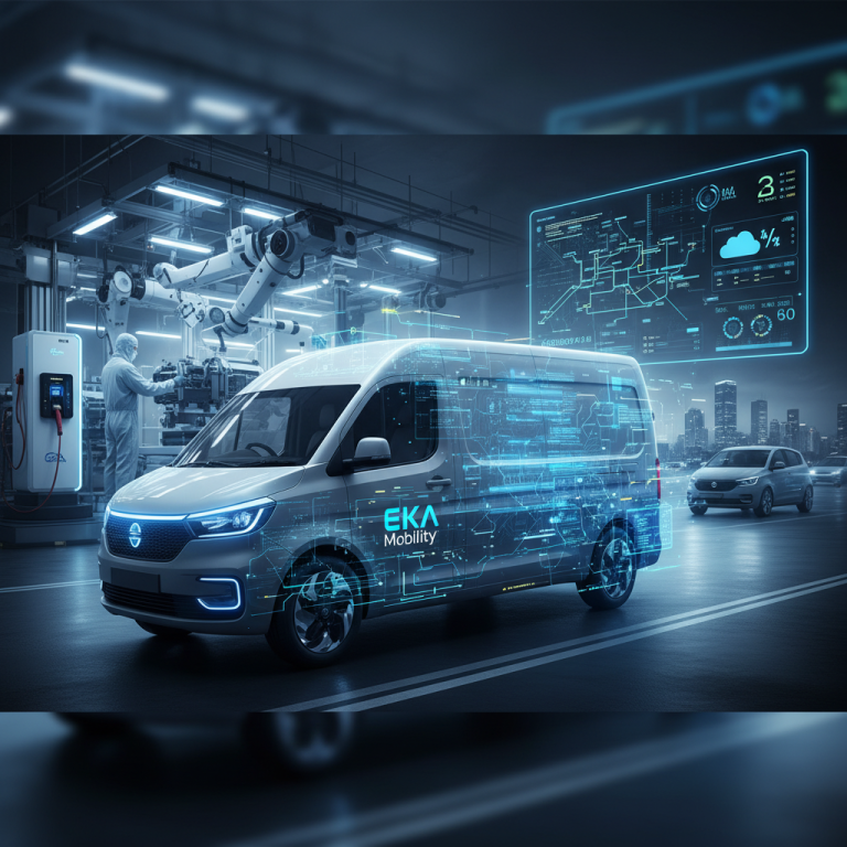 A white electric commercial van with glowing blue software elements, transitioning from a factory to a city street.