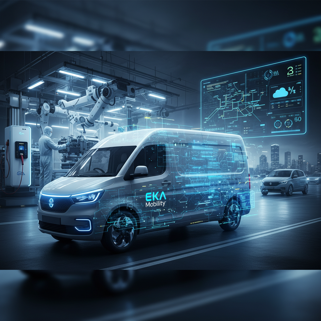 A white electric commercial van with glowing blue software elements, transitioning from a factory to a city street.