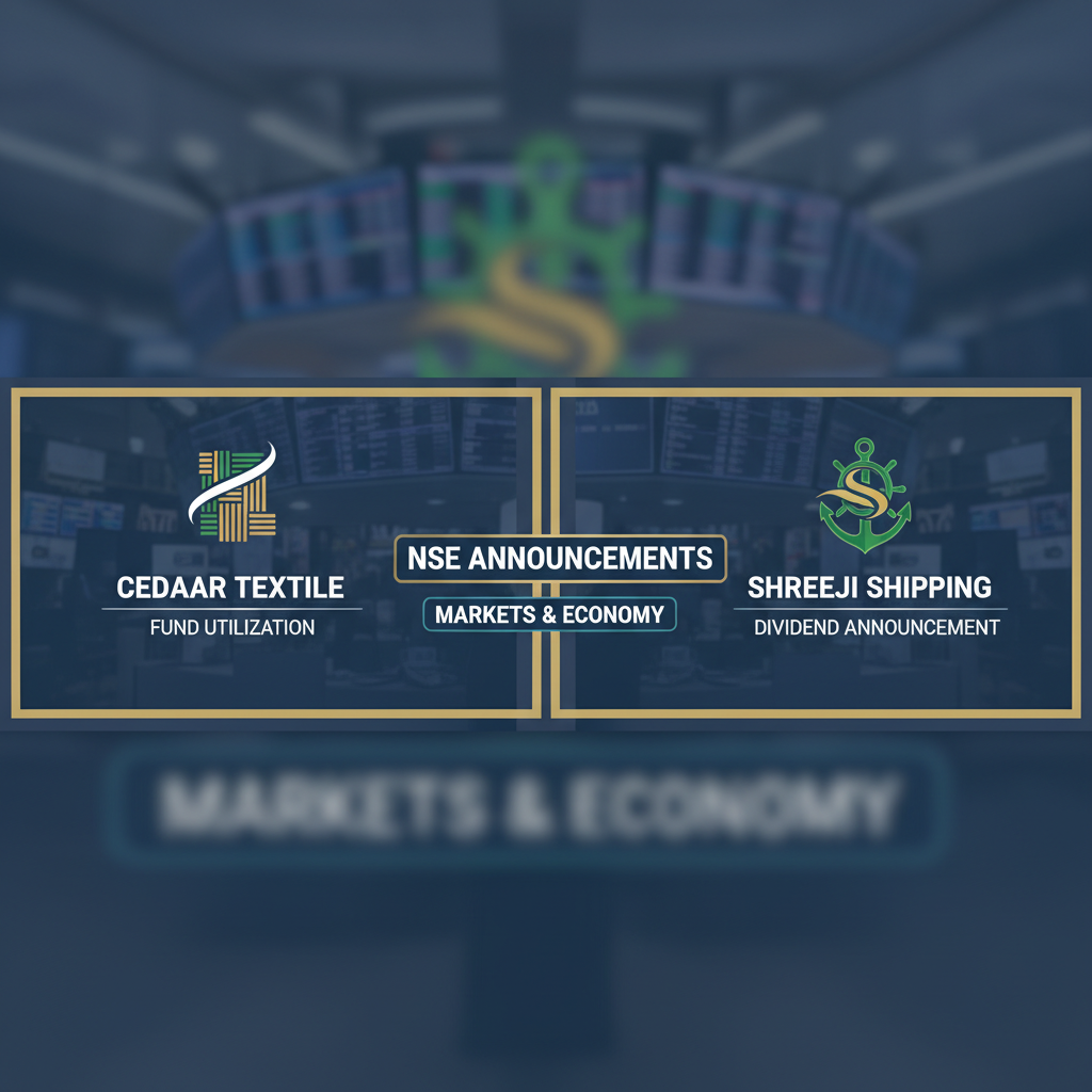 A professional graphic for NSE announcements with company logos and key financial updates.