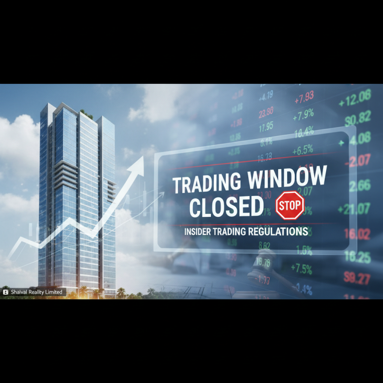 A modern skyscraper with an upward trend arrow, superimposed with a "Trading Window Closed" sign and stock data.