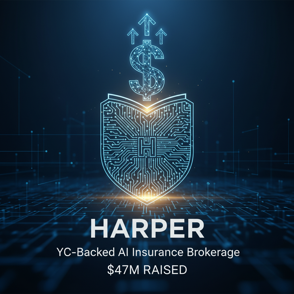 A digital shield with a circuit board pattern and an 'H' logo, a dollar sign with upward arrows, and "HARPER" text.