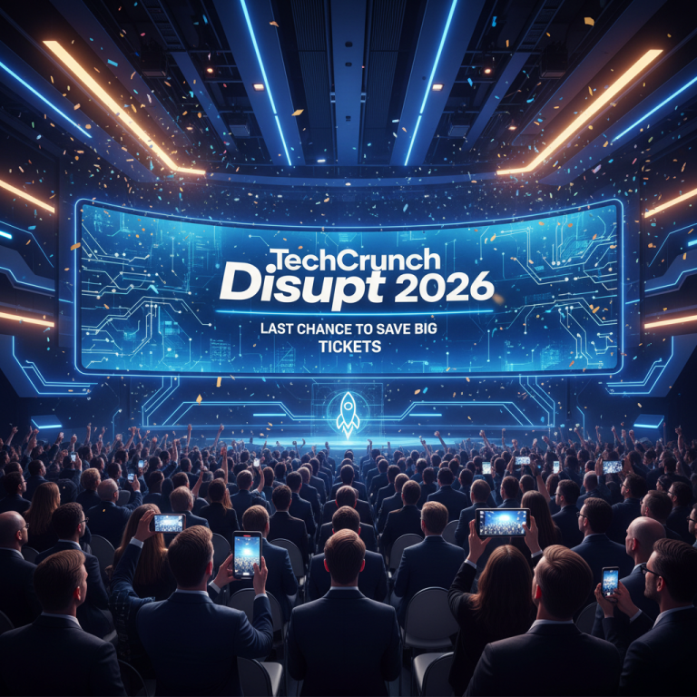 A professional, vibrant image of a large audience at a tech conference, focused on a stage with a screen displaying "TechCrunch Disrupt 2026".